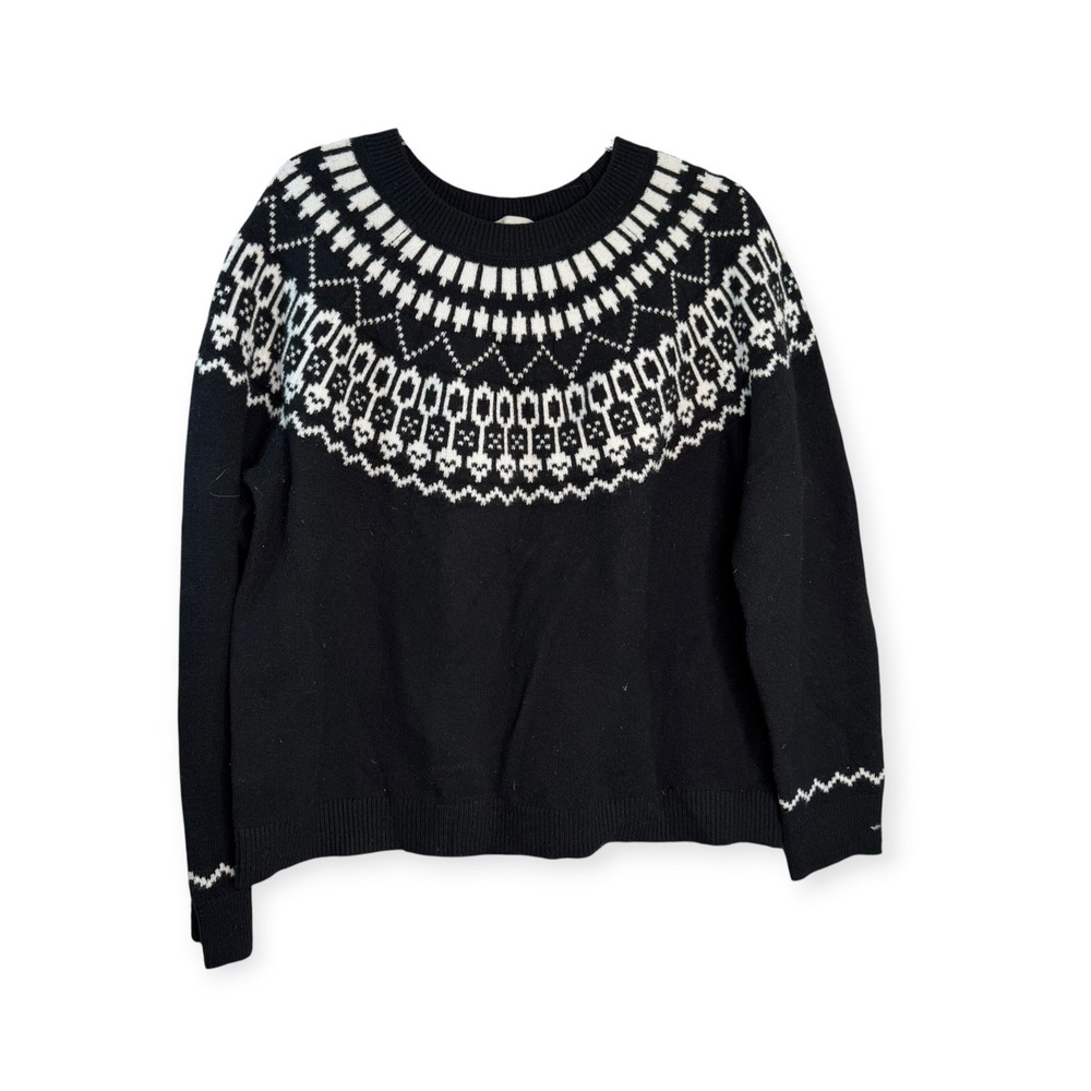 LOFT Womens Black White Fair Isle Yoke Crewneck Sweater Large